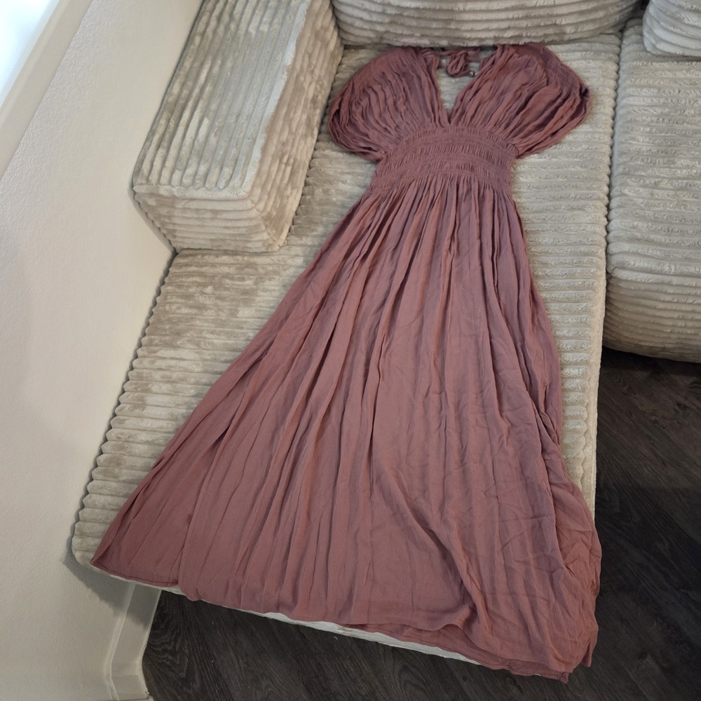 Miou Muse Mauve Kimono Sleeve Maxi Dress S Smocked V-Neck Boho Flowy Slit Pink